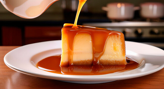Fatia de pudim de leite condensado em um prato branco.