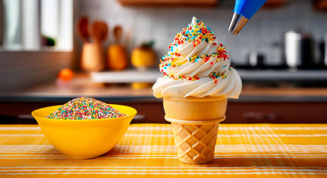 Sorvete servido na casquinha com confeitos coloridos.