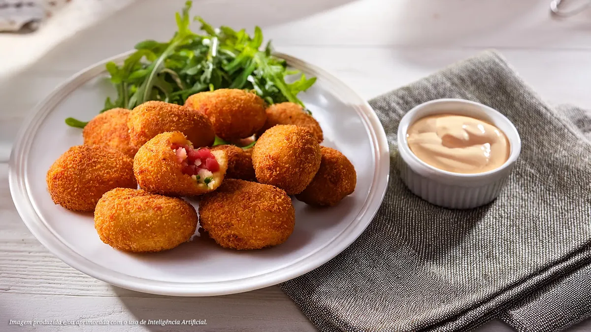 Bolinho de linguica tipo calabresa defumada com molho aioli e salada de rúcula