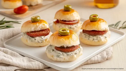 Mini pães artesanais recheados com linguiça, maionese defumada e azeitona temperada