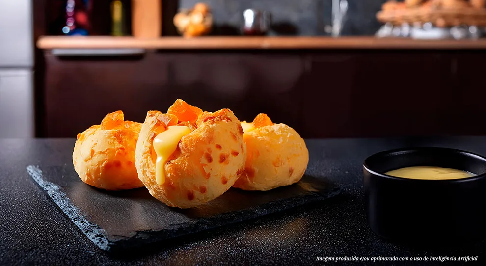 Uma explosão de sabor em cada mordida! Pão de queijo quentinho com queijo derretido no centro. Cores douradas e textura irresistível, convite para um café da manhã delicioso. Uma explosão de sabores caseiros e tradicionais!