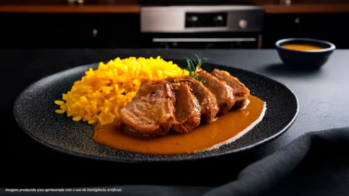 Picanha suína com molho de tamarindo e arroz de açafrão
