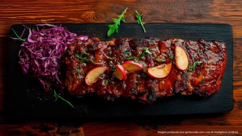 Costela suína com repolho roxo e maçãs caramelizadas