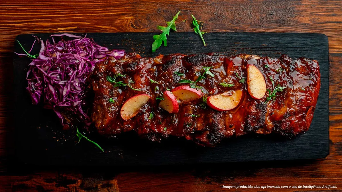 Costela suína com repolho roxo e maçãs caramelizadas