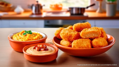 Frango Crispy com purê de batata doce e molho de bacon