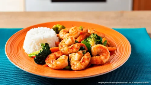 Camarão com legumes salteados e arroz de jasmim