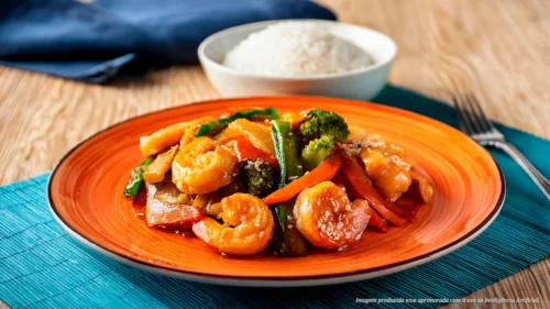 Camarão no molho teriyaki com legumes no vapor