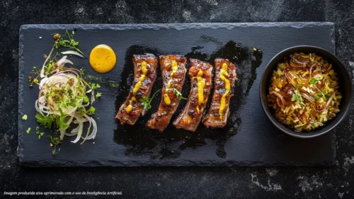 Costela Defumada Hans com molho de mostarda e arroz de cebola caramelizada