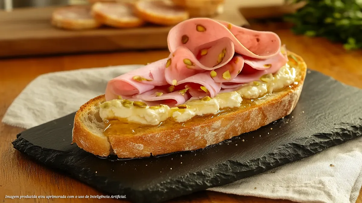 Bruschetta de Mortadela Italiana com Pistache, ricota defumada e mel de trufas