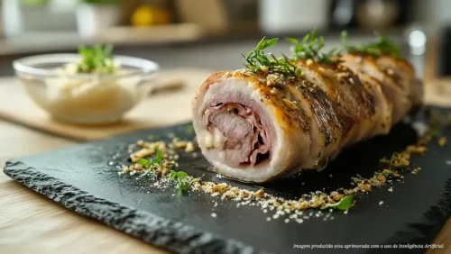 Lombo de porco recheado com mortadela italiana de pistache acompanhado de purê de batata doce com ervas frescas
