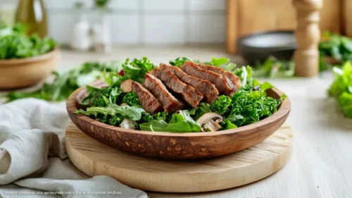 Filé mignon na brasa com salada de folhas e cogumelos