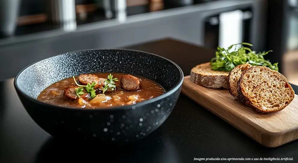 Sopa fumegante com linguiça e temperos frescos, servida em tigela rústica. Focaccia em fatias crocantes ao lado, perfeita para mergulhar e saborear. Uma combinação perfeita para aquecer o corpo e a alma em um dia frio.