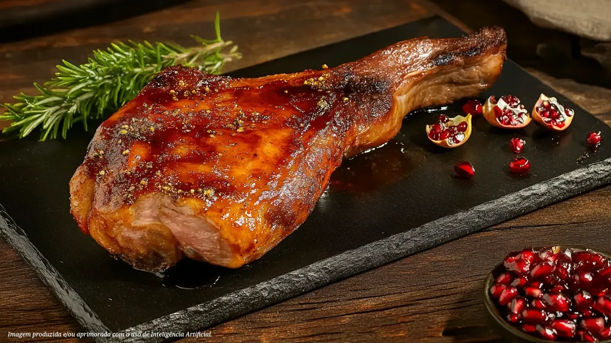 Tomahawk suíno ao molho de romã e especiarias