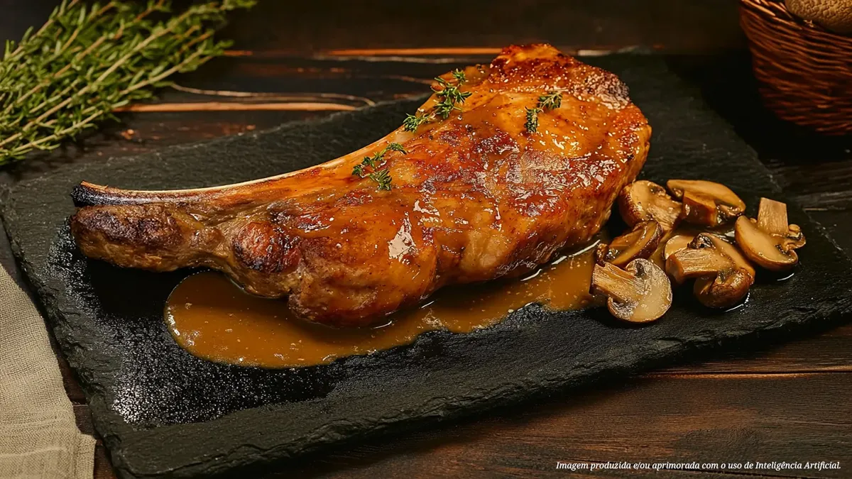 Tomahawk suíno com molho de cogumelos e alecrim