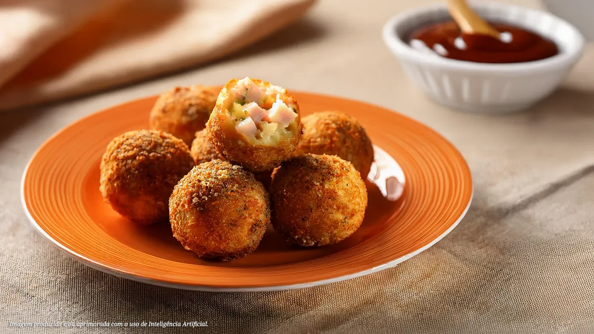 Bolinho de batata com salsicha de frango preparado na airfryer
