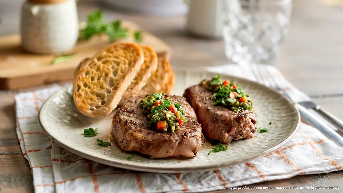 Alcatra Suína ao Molho Chimichurri com Pães Tostados