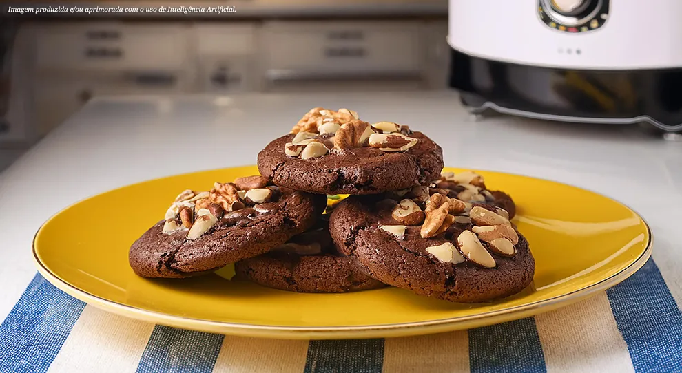 Uma tentação irresistível em cada mordida! Cookies de chocolate macios com nozes crocantes no topo. Cores vibrantes e textura irresistível, convite para um lanche delicioso. Uma explosão de sabores caseiros e marcantes!
