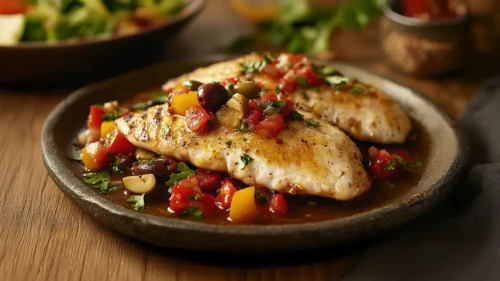 Filé de peixe assado com tomate, pimentões, malagueta, vinho, cebola e azeitona