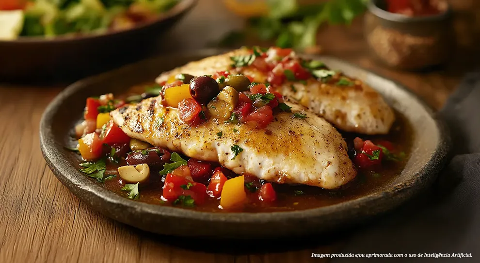 Dois filés de peixe assados e dourados, cobertos com uma mistura colorida de tomates picados, pimentões amarelos e azeitonas, em um prato rústico marrom sobre uma mesa de madeira. Ervas frescas picadas salpicam o prato.