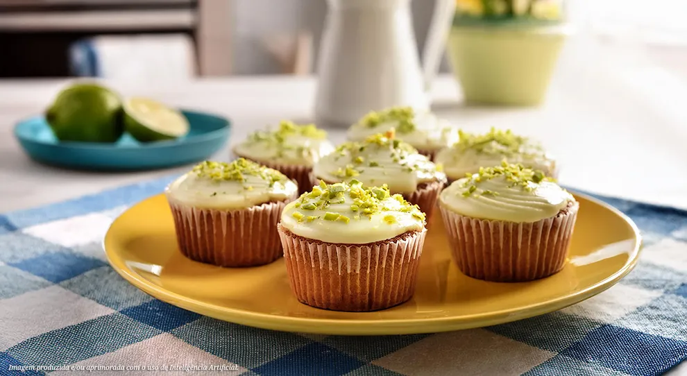 Muffins de limão com cobertura branca e pistache no topo, em prato amarelo vibrante. Limões frescos e leiteira branca ao fundo. Toalha xadrez aconchegante, convite para um lanche delicioso. Uma explosão de sabores cítricos e doces!
