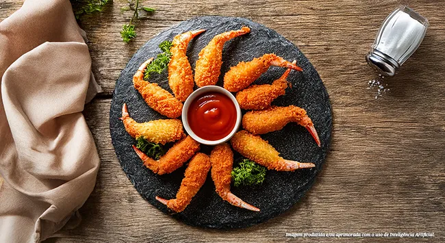 patinhas de caranguejo empanadas e crocantes, dispostos em círculo sobre um prato de ardósia com molho vermelho no centro. A apresentação convidativa, com limão siciliano e salada ao lado, realça a textura dourada e o aroma delicioso.