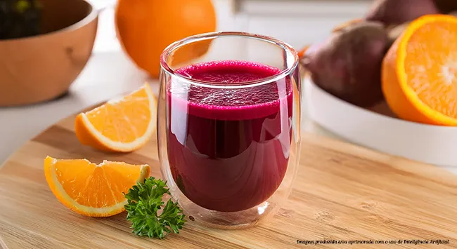 Um copo de suco de beterraba com laranja e um raminho de salsinha, em cima de uma tábua de madeira.