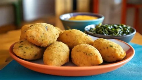 Bolinhos de bacalhau com molho de mostarda e espinafre salteado