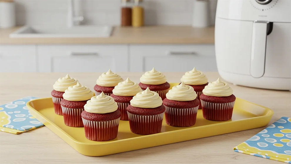 Cupcakes vermelhos vibrantes com toque sutil de cacau, incrivelmente fofos e úmidos. Preparados na airfryer, ficam prontos rapidinho com uma textura perfeita. Cobertura cremosa opcional!
