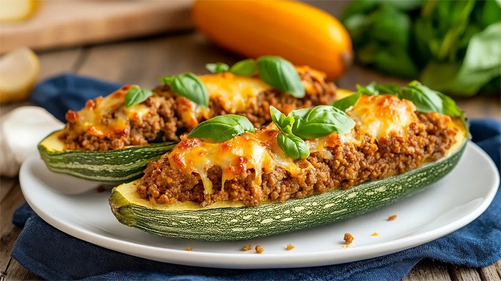 Abobrinhas recheadas com carne moída e queijo derretido, gratinadas ao forno. Um prato colorido e apetitoso, perfeito para uma refeição saudável e reconfortante.