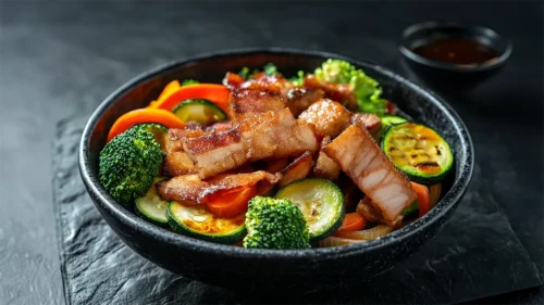 Panceta de bacon com legumes grelhados e molho agridoce