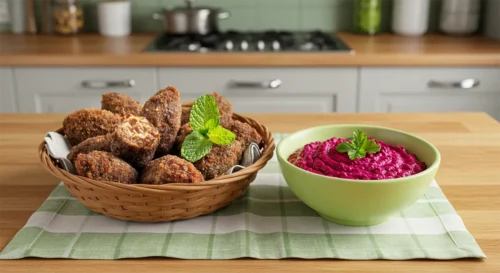 Kibe vegetal com homus de beterraba