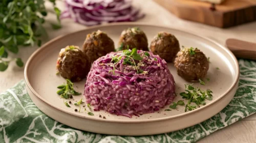 Risoto de repolho roxo com almôndega vegetal