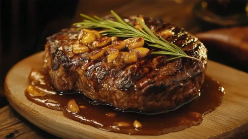 Bife ancho na churrasqueira com alho confitado e alecrim