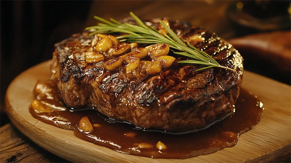 Bife ancho grelhado, crosta de café aromática e farofa de cenoura e milho colorida. Um prato de churrasco com texturas e sabores únicos.