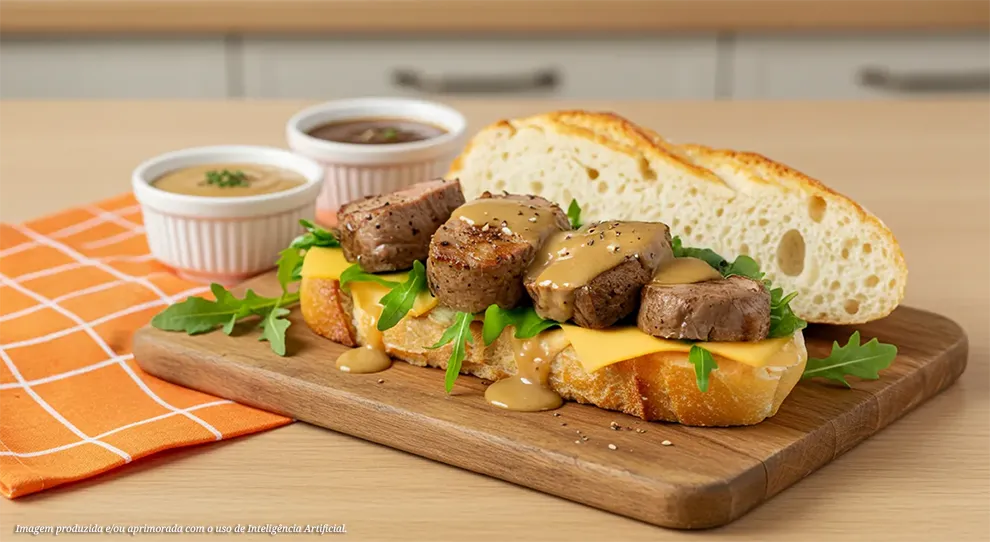 Sanduíche com medalhões suínos, molho brilhante, rúcula verde e pão crocante. Uma tentação para os amantes de carne suína.