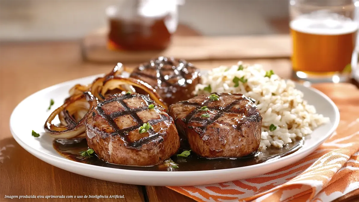 Medalhão de filé mignon suíno grelhado com molho de cerveja e melado de cana