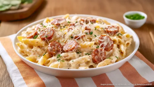 Penne ao molho branco com linguiça toscana e queijo gratinado