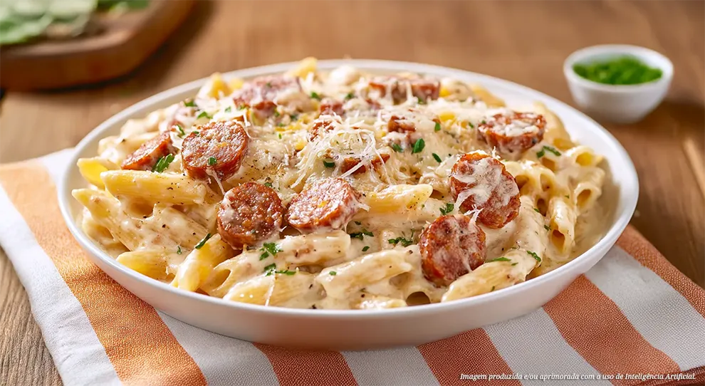 Penne em um prato, coberto com molho branco, pedaços de linguiça e queijo derretido e gratinado. Uma massa deliciosa e apetitosa.