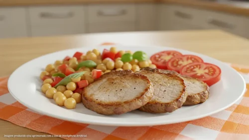 Bife de lombo com salada de grão de bico e molho de limão