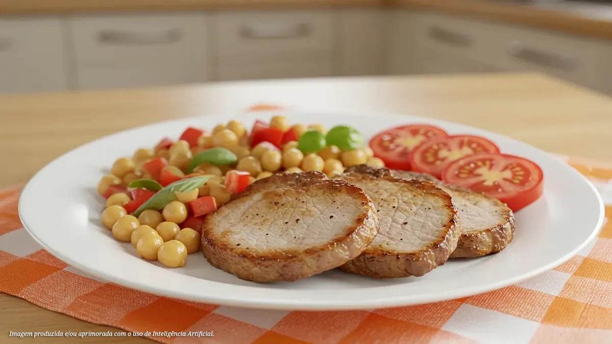 Bife de lombo com salada de grão de bico e molho de limão