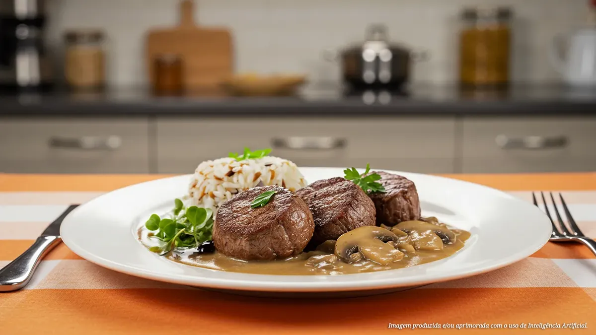 Filé mignon ao molho de vinho e cogumelos paris, arroz selvagem e salada de mini agrião