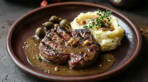 Patinho na churrasqueira com molho de vinho branco e alcaparras