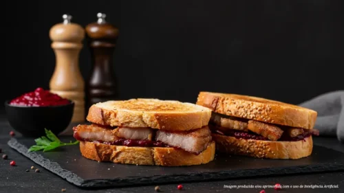 Sanduíche de panceta com pasta de beterraba