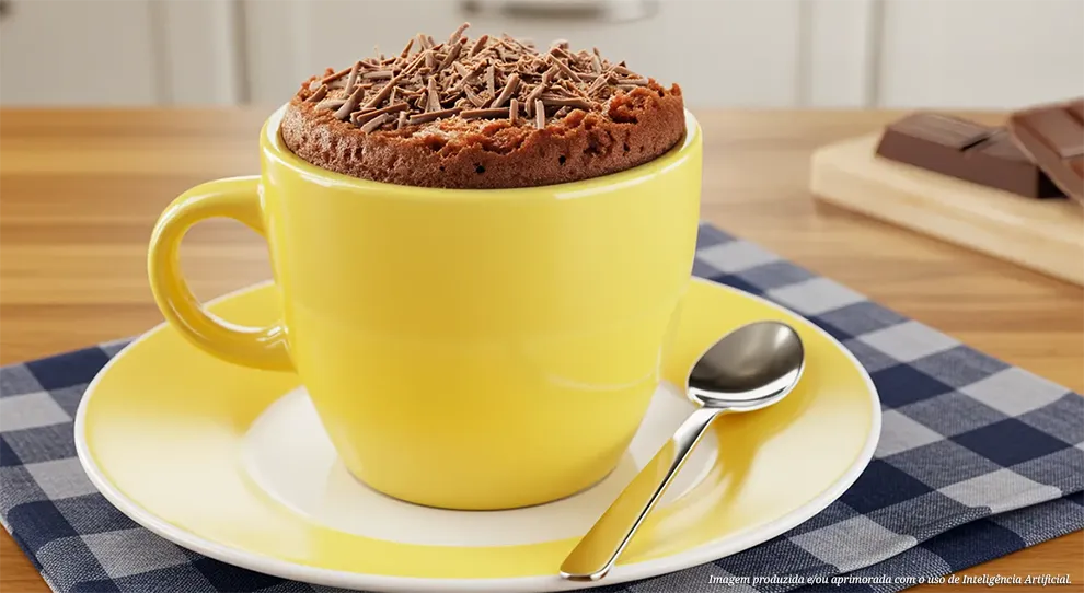 Caneca amarela cheia de um bolo de caneca de chocolate, generosamente polvilhado com raspas de chocolate, sobre um pires amarelo com uma colher.