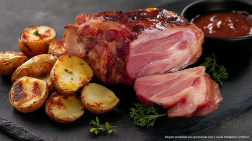 Joelho defumado ao molho barbecue com batata rústica assada