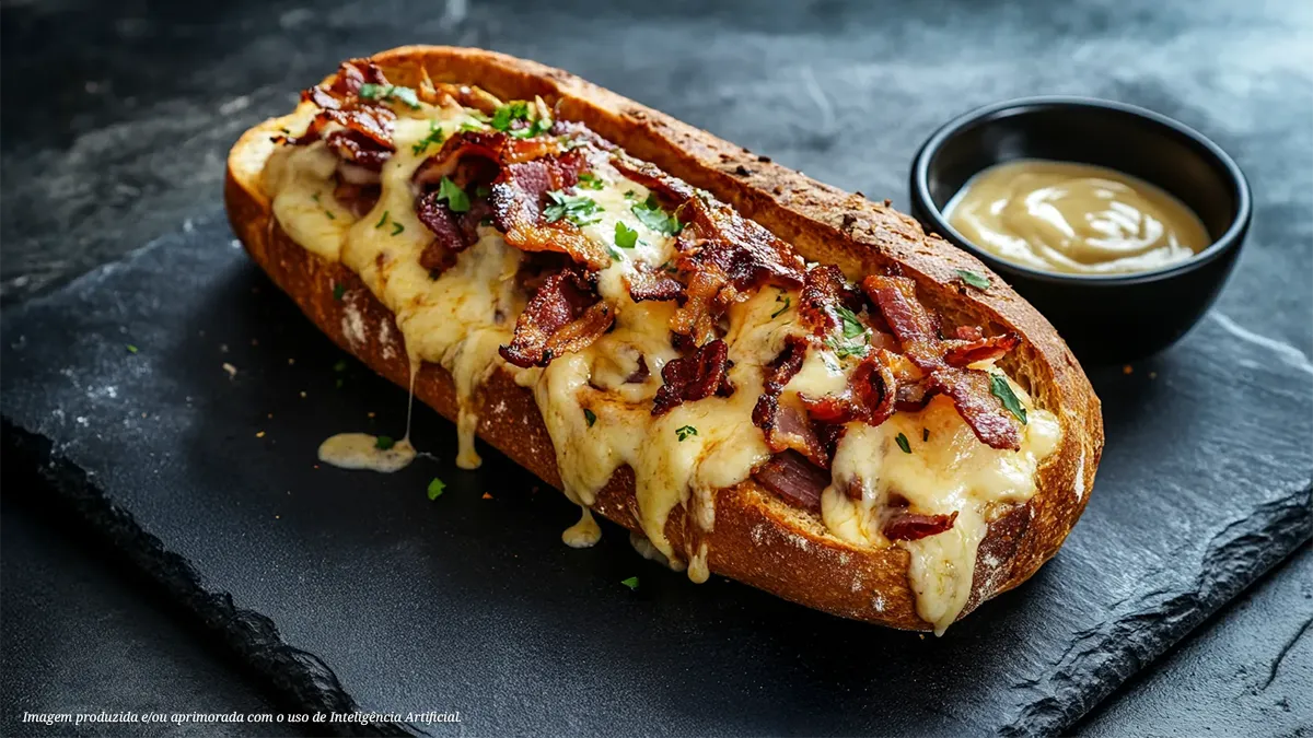 Pão de alho recheado com bacon fatiado e queijo muçarela