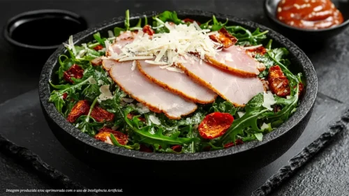 Salada de rúcula com lombo condimentado fatiado, tomate seco e queijo granulado