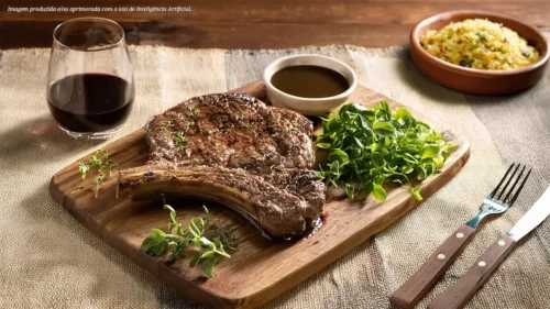 Chuleta bovina na churrasqueira ao molho de vinho tinto