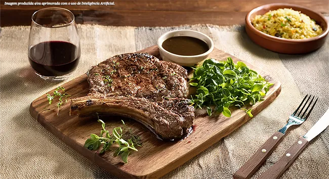 Uma apetitosa chuleta bovina grelhada com osso, com ervas aromáticas, apresentada em uma tábua de madeira com um molho de vinho tinto escuro e uma guarnição de folhas verdes frescas. Um copo de vinho tinto, um prato de acompanhamento e talheres estão dispostos sobre uma superfície texturizada, criando uma cena de refeição convidativa.