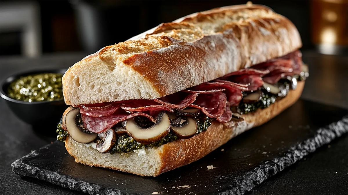 Um sanduíche composto por pão baguette aberto, com camadas de salame, cogumelos fatiados e molho pesto de cor verde intensa. Sanduíche de salame com cogumelos e molho pesto.